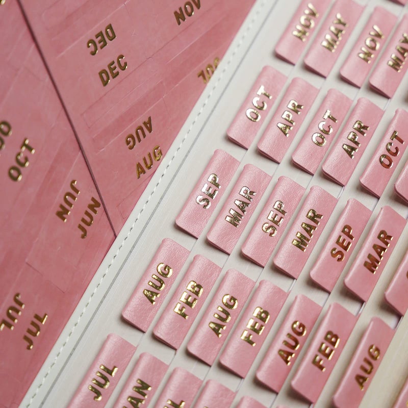 UPAFEXXI-Leather Monthly Tabs  48 Pcs Planner Tabs  Calendar Month Stickers for Planners  Organizing and Sorting out Notebooks(Pink) - Image 1
